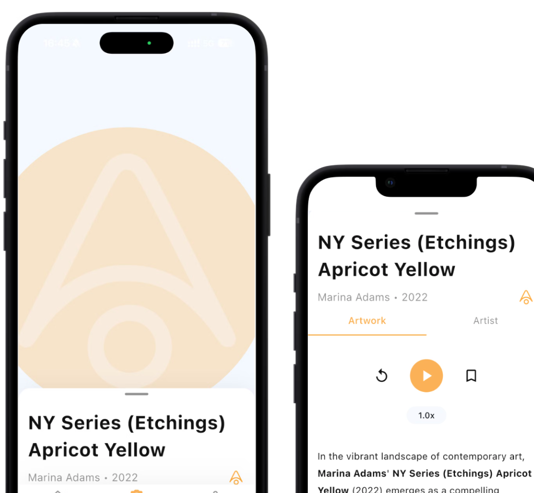 ArtSnap mobile app interface showing artwork recognition and information